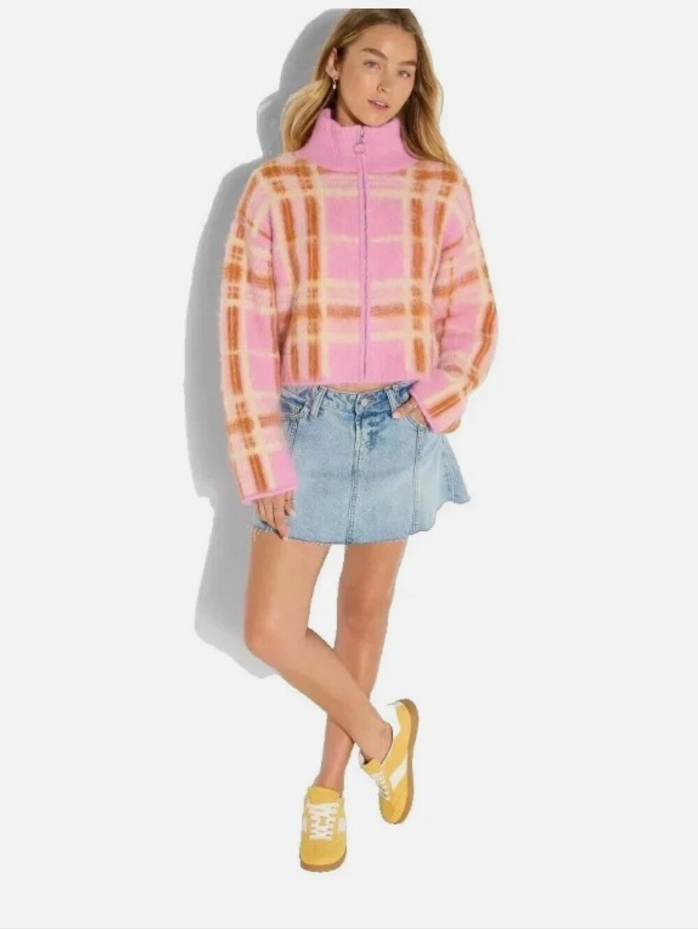 Wild Fable fuzzy knit pink orange plaid mock neck full-zip sweater Size XS NWOT - Picture 3 of 8